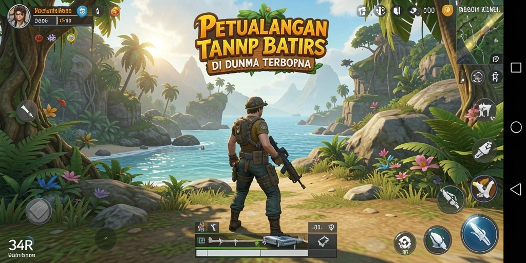 Screenshot gameplay 34R menampilkan pemain menjelajahi dunia terbuka.