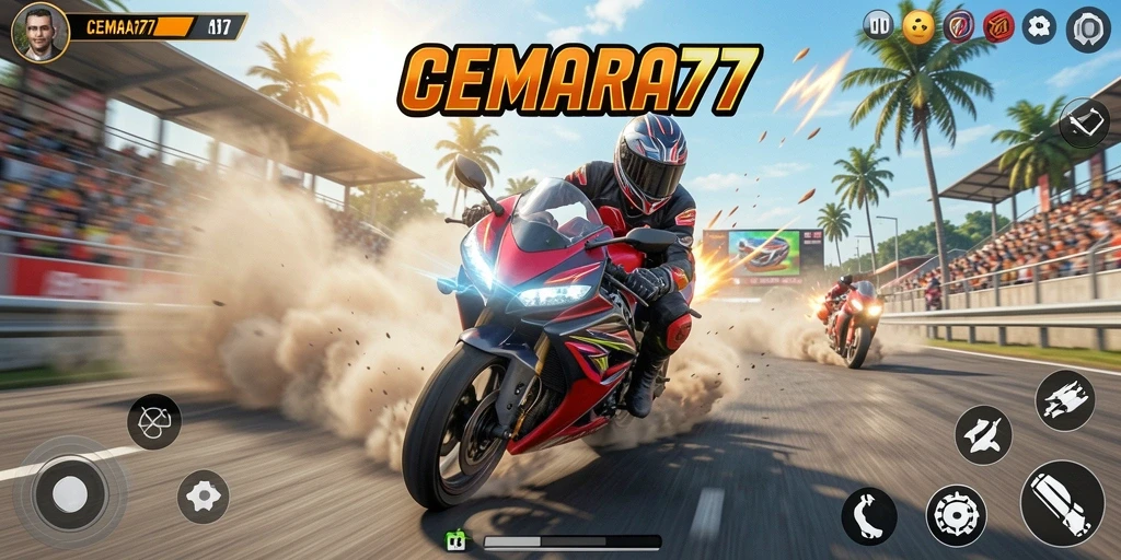 Tampilan permainan balapan motor yang mendebarkan dan penuh aksi.