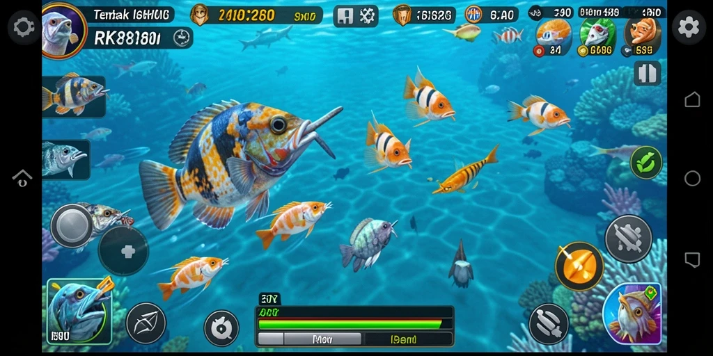 Tampilan gameplay seru dalam RK88 dengan ikan berwarna-warni.