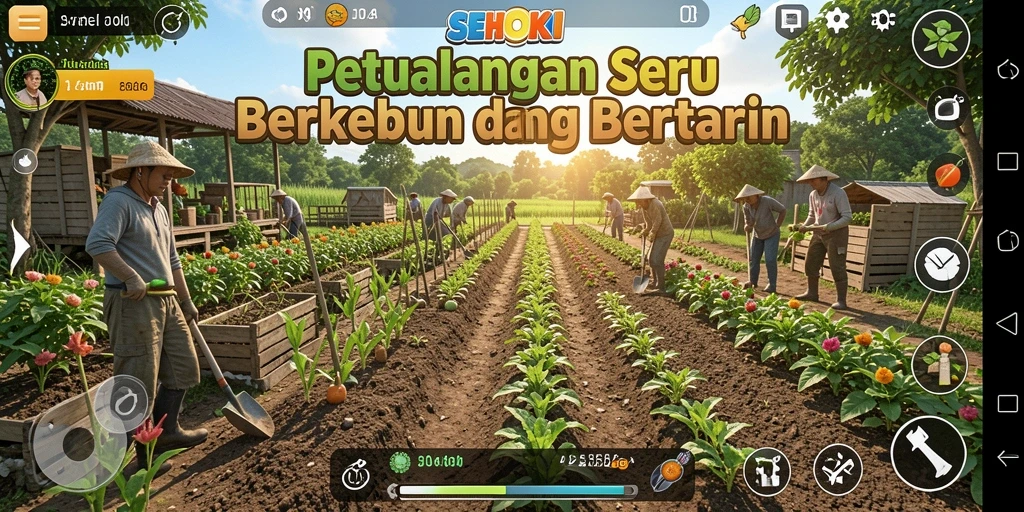 Tampilan screenshot SEHOKI menampilkan kebun yang penuh warna dan tanaman subur.